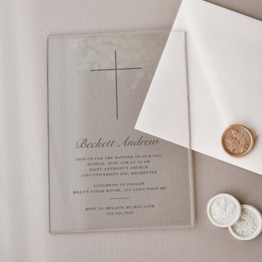 Invitations En Acrylique Croix simple en or Script Baptême