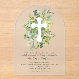Invitations En Acrylique Croix végétale florale Baptême