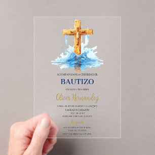 Invitations En Acrylique crucifix bleu baptême acrylique