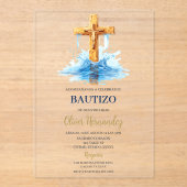 Invitations En Acrylique crucifix bleu baptême acrylique (Recto)