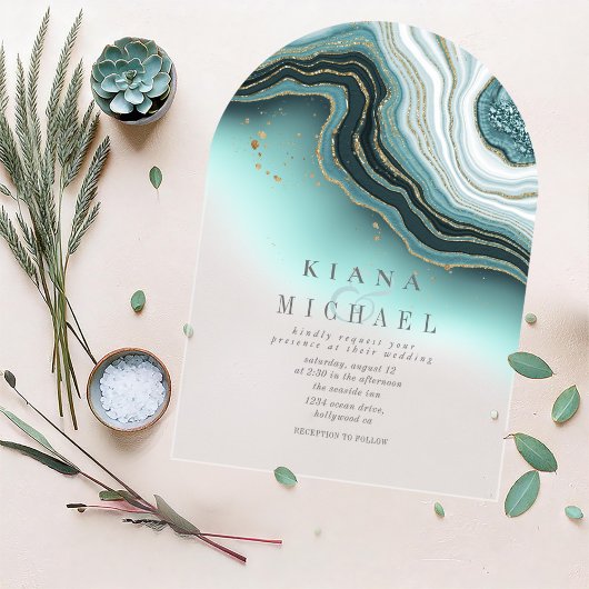 Invitations En Acrylique Crystal Agate Mariage Arch Turquoise ID825