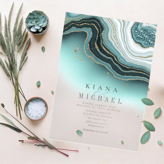 Invitations En Acrylique Crystal Agate Mariage Turquoise Transparent ID825