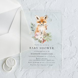 Invitations En Acrylique Cute aquarelle Fox Baby shower d'hiver