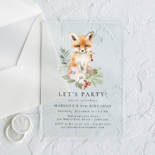 Invitations En Acrylique Cute aquarelle Fox hiver fête d'anniversaire
