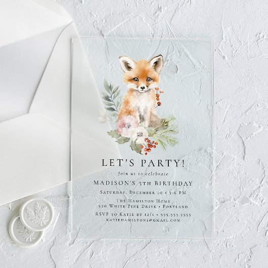 Invitations En Acrylique Cute aquarelle Fox hiver fête d'anniversaire