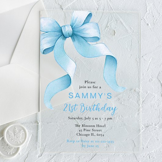 Invitations En Acrylique Cute Blue Coquette Bow fête d'anniversaire