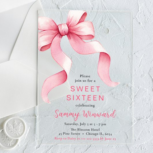 Invitations En Acrylique Cute Coquette Rose Sweet sixteen Bow