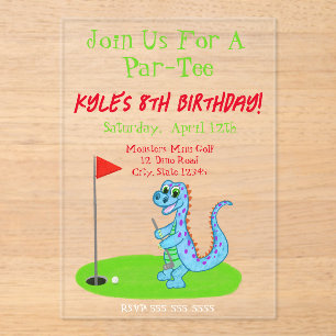 Invitations En Acrylique Cute Dinosaur Golf Anniversaire de enfant à thème