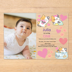 Invitations En Acrylique Cute kitty avec bébé photo fille anniversaire