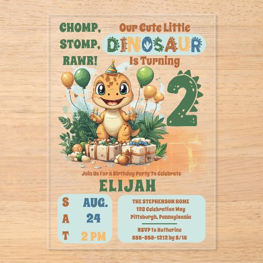 Invitations En Acrylique Cute Little Dinosaur Boy 2e fête d'anniversaire (Recto)