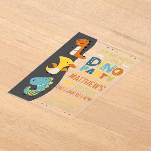 Invitations En Acrylique Cute Modern Dino Dinosaur fête d'anniversaire pour (Poser)