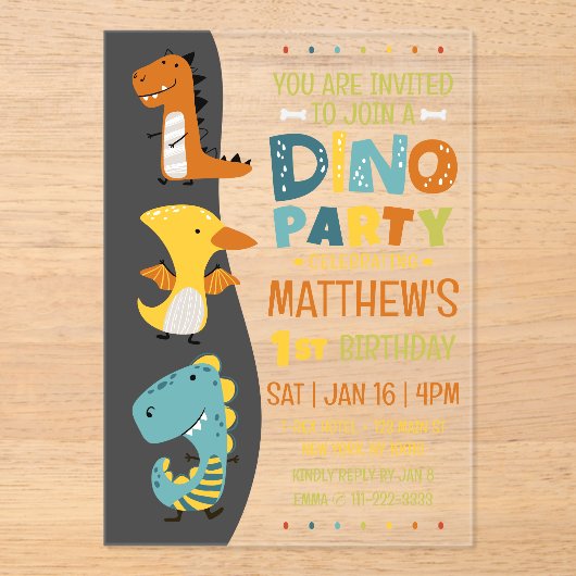Invitations En Acrylique Cute Modern Dino Dinosaur fête d'anniversaire pour (Recto)