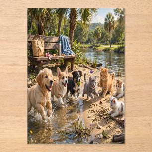 Invitations En Acrylique Cute Puppies & Kittens Riverside Adventure