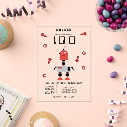 Invitations En Acrylique Cute Red Robot Thème Enfants Robots Anniversaire (Insitu (Célébration))
