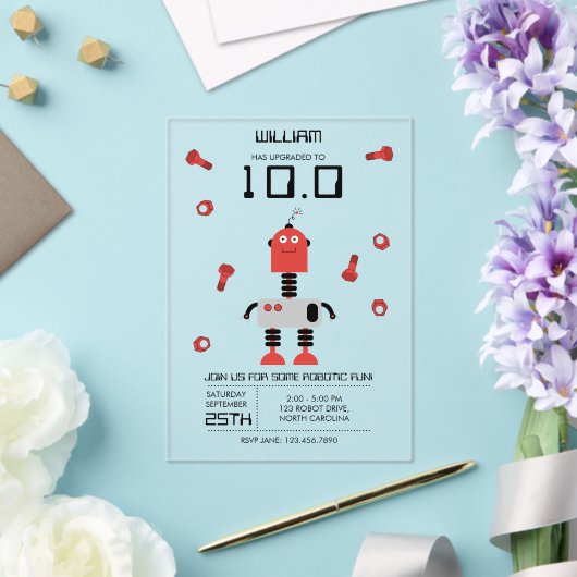 Invitations En Acrylique Cute Red Robot Thème Enfants Robots Anniversaire (Insitu (Mariage))