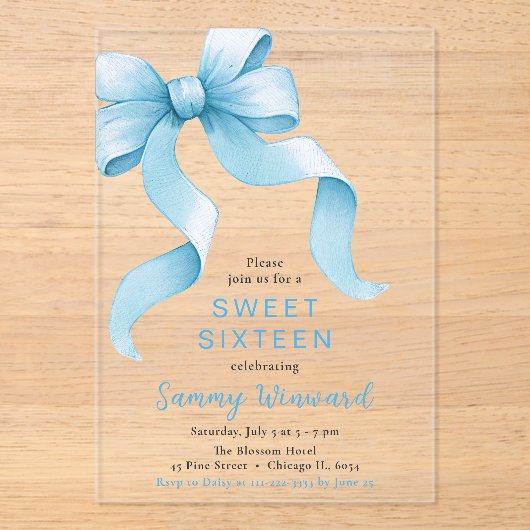 Invitations En Acrylique Cute Sweet sixteen Bleu Coquette Bow (Recto)