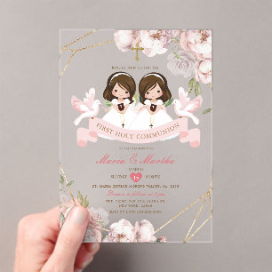 Invitations En Acrylique Cute TWIN Girl First Holy Communion Rose Floral