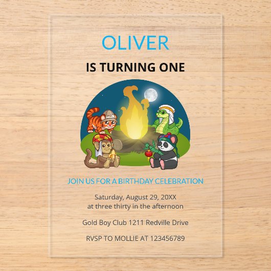 Invitations En Acrylique Cute Wild Animals Campfire Kids 1st Birthday (Recto)