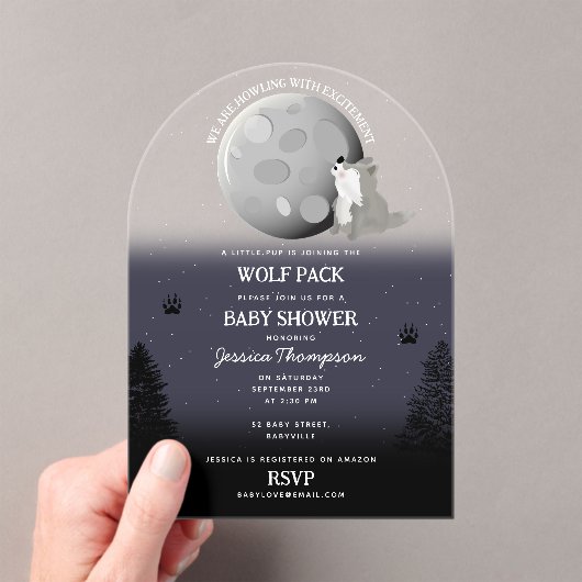 Invitations En Acrylique Cute Wolf Pack Woodland Moon Howling Baby Shower (In situ (ordinateur de poche))