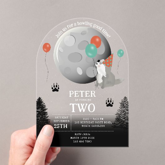 Invitations En Acrylique Cute Wolf Pack Woodland Moon Howling Birthday (In situ (ordinateur de poche))