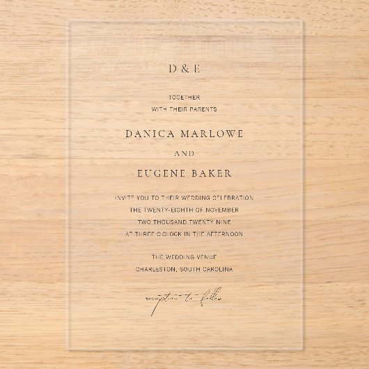 Invitations En Acrylique Danica Classic Mariage élégant (Recto)
