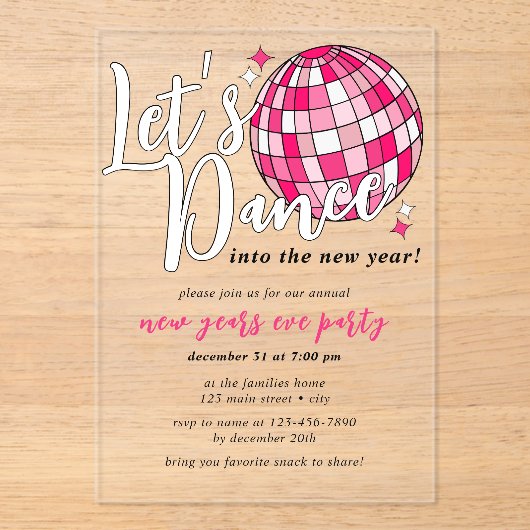 Invitations En Acrylique Dansez Nouvel An Pink Disco Ball Retro (Recto)