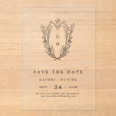 Invitations En Acrylique DAPHNE Floral Monogramme Noir Mariage Enregistrer  (Recto)