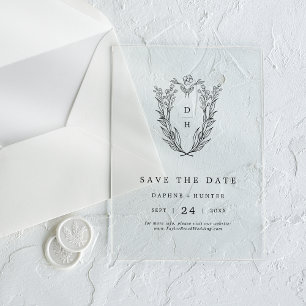 Invitations En Acrylique DAPHNE Floral Monogramme Noir Mariage Enregistrer