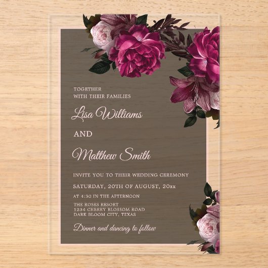 Invitations En Acrylique Dark Floral Transparent Wedding (Recto)