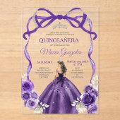 Invitations En Acrylique Dark Purple Bow Silver Crown Princess Quinceañera (Recto)