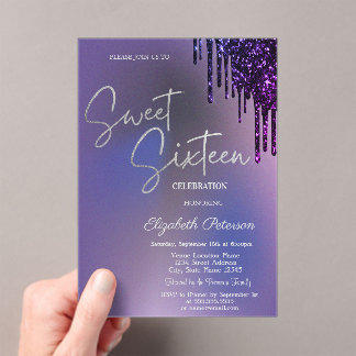 Invitations En Acrylique Dark Violet Glitter Drips Violet Sweet 16 