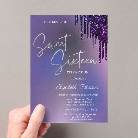 Invitations En Acrylique Dark Violet Glitter Drips Violet Sweet 16  (In situ (ordinateur de poche))