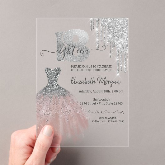 Invitations En Acrylique Déchets d'argent Parties scintillant robe chic 18e (In situ (ordinateur de poche))