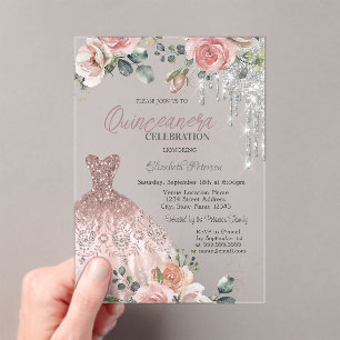 Invitations En Acrylique Déchets d'argent, Robe, Quinceanera rose Rose