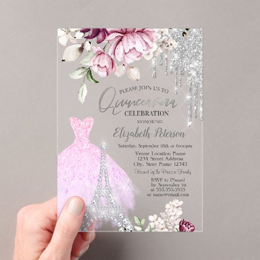Invitations En Acrylique Déchets, Robe, Tour Eiffel Lilac Rose Quinceañera (In situ (ordinateur de poche))