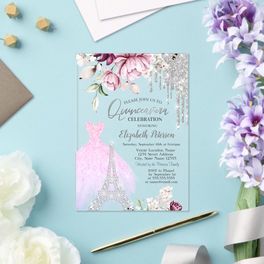 Invitations En Acrylique Déchets, Robe, Tour Eiffel Lilac Rose Quinceañera (Insitu (Mariage))