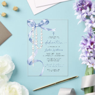 Invitations En Acrylique Dédicace Élégant Ruban Bleu & Rosaire