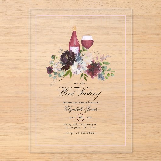 Invitations En Acrylique Dégustation de vin transparente Bachelorette Party (Recto)