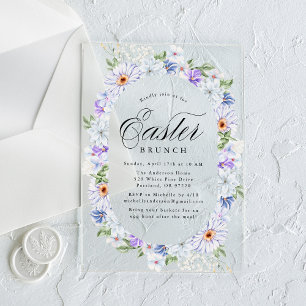Invitations En Acrylique Déjeuner de Pâques aux fleurs violettes et bleues