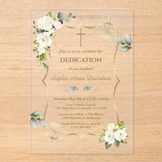 Invitations En Acrylique Délicat Verdure Aérée Fleurs blanches Dédication (Recto)