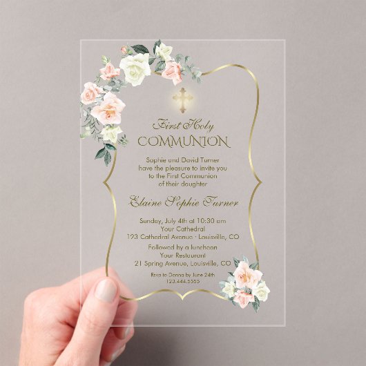 Invitations En Acrylique Delicate Blush White Flowers First Holy Communion (In situ (ordinateur de poche))
