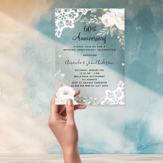 Invitations En Acrylique Dentelle blanche diamant 60e anniversaire de maria