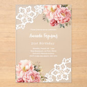 Invitations En Acrylique Dentelle florale de pêche rose anniversaire (Recto)
