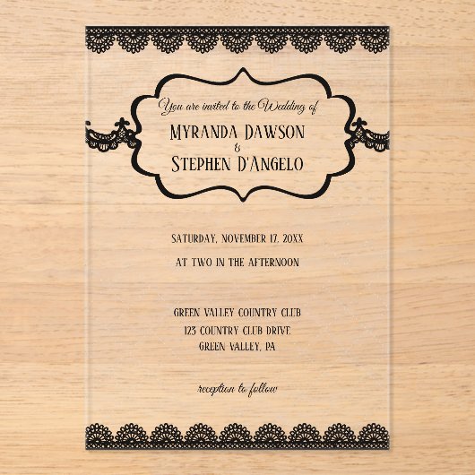 Invitations En Acrylique Dentelle noire sur un mariage personnalisé clair (Recto)