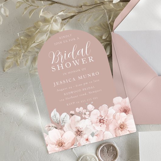 Invitations En Acrylique Design Blush Floral Dusty Fête des mariées rose