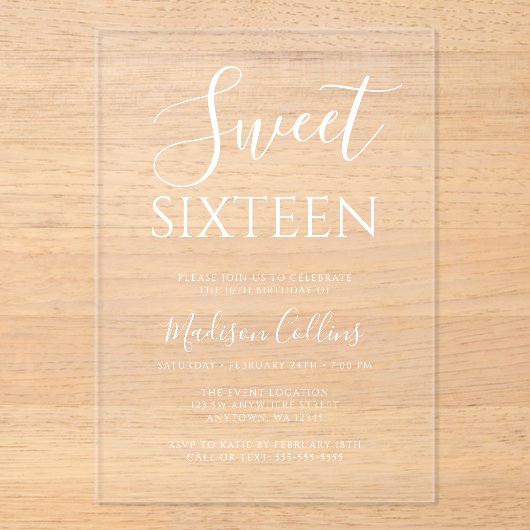 Invitations En Acrylique Design élégant moderne Script Sweet 16 (Recto)