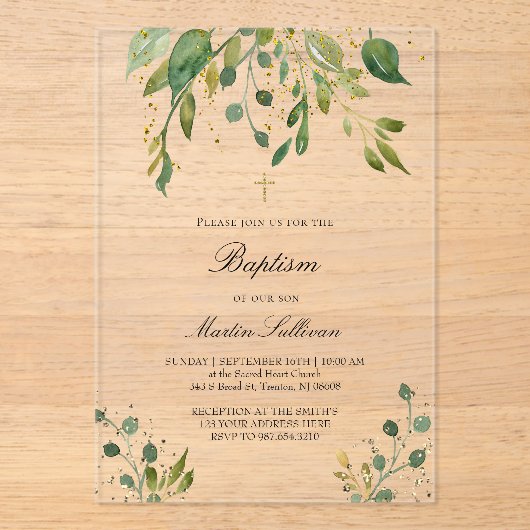 Invitations En Acrylique design verdoyant | Baptême (Recto)