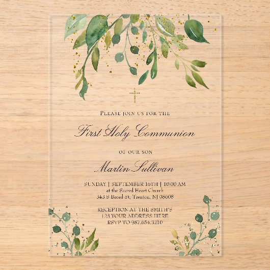 Invitations En Acrylique design verdoyant | Première communion (Recto)