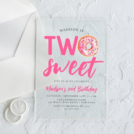 Invitations En Acrylique Deux beignes roses douces 2e anniversaire