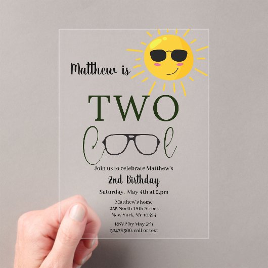 Invitations En Acrylique Deux Cool Sunglass 2e anniversaire simple (In situ (ordinateur de poche))